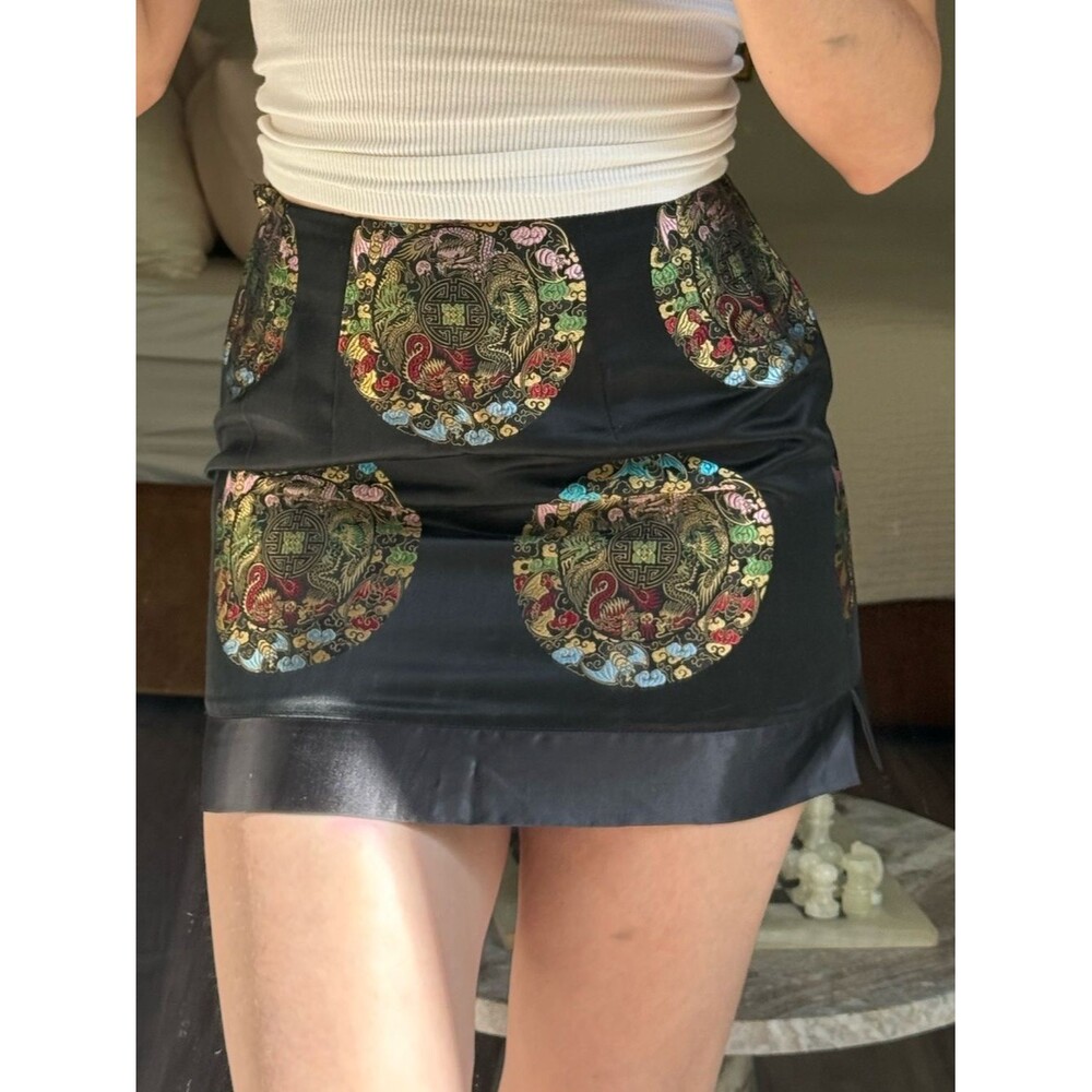 Y2K Black Satin Dragon Brocade Mini Skirt Asian Medallion Print S